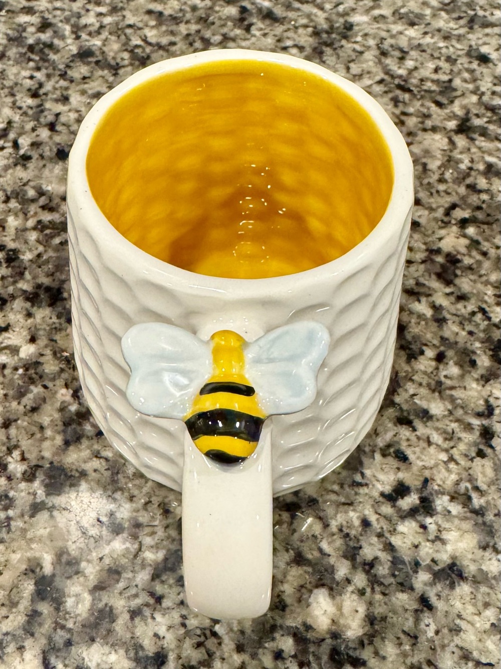 White Ceramic Honeycomb Texture Mug Cup yellow interior-3D Bee on handle Cute